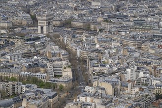 City view from the top of the Eiffel Tower towards the Arc de Triomphe, Paris, France, Europe