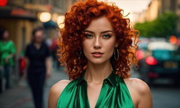 Beautiful young woman with red curly hair in a green dress in the city at night. ai generative, AI