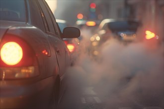 Air pollution caused by car exhaust gas in city street. KI generiert, generiert, AI generated