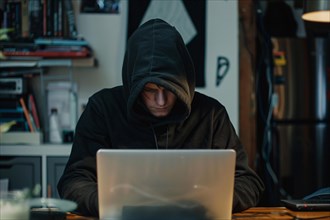 Man covering his face with hoodie in front of laptop. KI generiert, generiert, AI generated