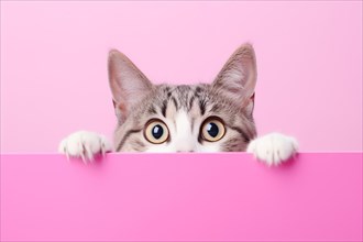 Curious cat on pink background. KI generiert, generiert, AI generated