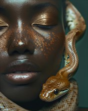 Image of a sleeping beauty with closed eyes, bronze tones, and a snake draped over her, blurry teal