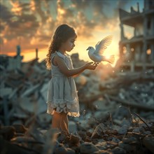 In destroyed surroundings, a girl holds a dove while the sun sets, destroyed houses, war, dove of