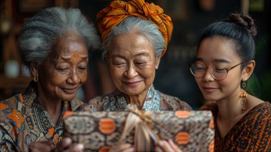 Group of asian senior women sharing a moment of joy while looking at a gift, AI generated