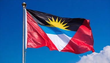 The flag of Antigua flutters in the wind, isolated against the blue sky