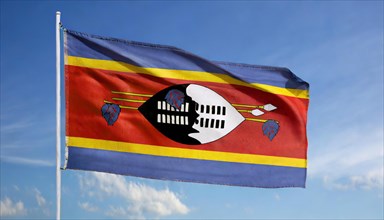 The flag of Swaziland, Kingdom of Eswatini, flutters in the wind, isolated, against the blue sky