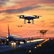 A drone flies at dusk with a blurred aeroplane in the background, drone, attack, AI generated