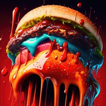 Hamburger bun filled with red and blue sauces. Representative image of junk food. Generative AI