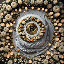 Conceptual image depicting a bitcoin symbol on a funeral wreath, symbolizing the demise of