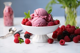 Raspberry ice cream in bowl, AI generated