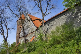 Brick tower of St Blasius Church and town wall, Kaufbeuern, Allgaeu, Swabia, Bavaria, Germany,