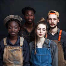 Portrait of a harmonious group of six young adults in work clothes, group picture with people in