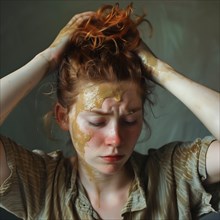 A woman with red hair and honey on her face seems to be emotionally burdened, hair washing, hair