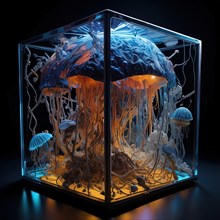 3D illustration of jellyfish in a glass aquarium. ai generated, AI generated