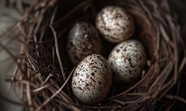 Close-up of a nest with speckled eggs AI generated