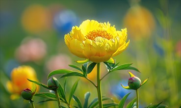 Close-up of a yellow peony blooming in the garden AI generated