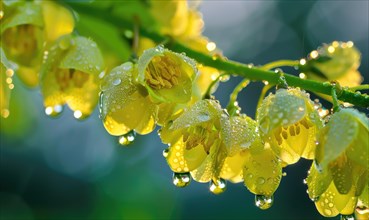 Close-up of dew-covered laburnum flowers in the early morning AI generated
