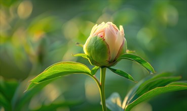 A single peony bud about to bloom against a backdrop of green foliage AI generated