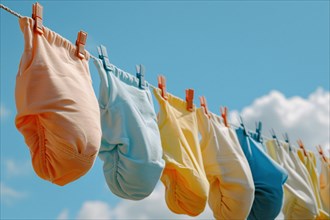 Eco friendly reusable cotton diapers on clothesline. KI generiert, generiert, AI generated