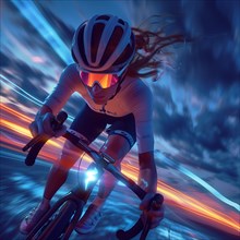 Cyclist at full speed at dusk with light traces and wind in her hair, AI generated