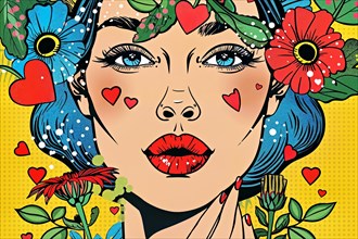 Pop art style portrait of a woman with flowers and hearts in comic look, AI generated, AI generated