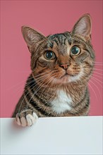 Tabby cat holding empty white paper in front of pink studio background with copy space. Generative