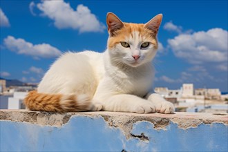 Stray cat on white building with blue sky in background. KI generiert, generiert, AI generated