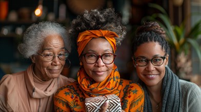 Three generations of women from African descent are smiling together in a cozy indoor setting, AI