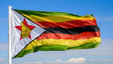 The flag of Zimbabwe, fluttering in the wind, isolated, against the blue sky