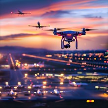 A drone overlooks an illuminated runway and an aeroplane during the blue hour, drone, attack, AI