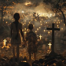 Two children are standing in an illuminated cemetery, it seems quiet and mystical, war, war graves,
