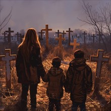A family looks at a cemetery in the light of dawn between bare trees, war, war graves, military