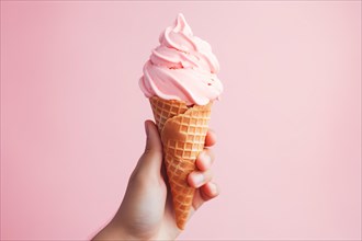 Hand holding cone with pink soft serve ice cream. KI generiert, generiert, AI generated