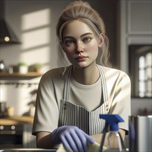 Digital portrait of a young woman cleaning in a sunlit kitchen, No desire to tidy up, AI generated
