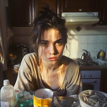 Young woman in house clothes sits tired in a messy kitchen with warm morning light, No desire to