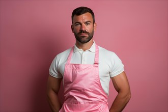 Man in pink kitche apron. KI generiert, generiert, AI generated