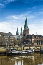 City panorama, Weser promenade, Old Town, Weser, Hanseatic City of Bremen, Germany, Europe