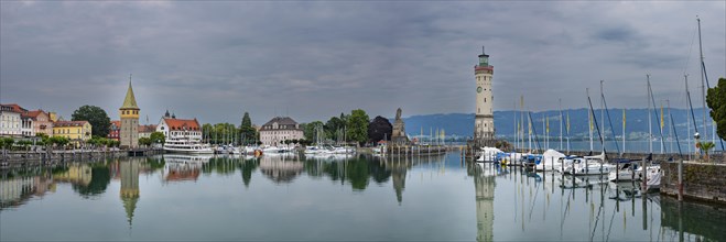Harbour with man tower, lighthouse and Bavarian lion, Lindau, Lake Constance, Bavaria, Germany,