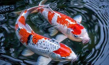 Close-up of a pair of koi fish swimming in a pond AI generated