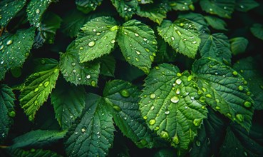 Close-up of raindrops clinging to vibrant green leaves in a lush garden AI generated