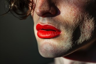 Close up of man's mouth with bright red lipstick. KI generiert, generiert, AI generated