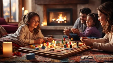 Family laughing and having a good time playing a board game in a cozy room with a fireplace, AI