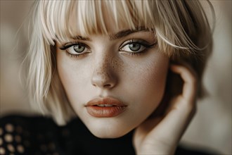 Portrait of young attractive woman with blond hair with bob hairstyle with bangs. KI generiert,