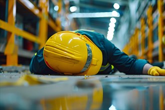 Worker with safety helmet lying on warehouse floor after accident. KI generiert, generiert, AI