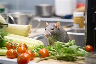 Rat in industrial restaurant kitchen with food. KI generiert, generiert, AI generated