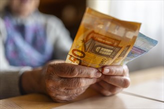 Wrinkled hands of a senior citizen with banknotes at home in her living room, close-up, Cologne,