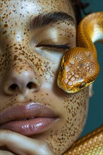 Detail of a person's face with closed eyes and a snake on their cheek, blurry teal turquoise solid