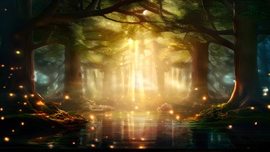 AI generated ethereal mystical forest scene with digital glow effects