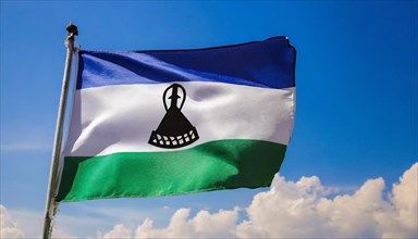 The flag of Lesotho, fluttering in the wind, isolated, against the blue sky