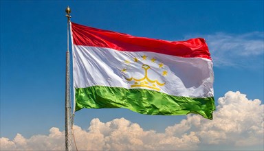 The flag of Tajikistan, fluttering in the wind, isolated, against the blue sky